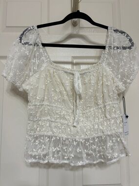 Japna Ivory Embroidered Lace Peasant Top with Tie Short Balloon Sleeves Feminine